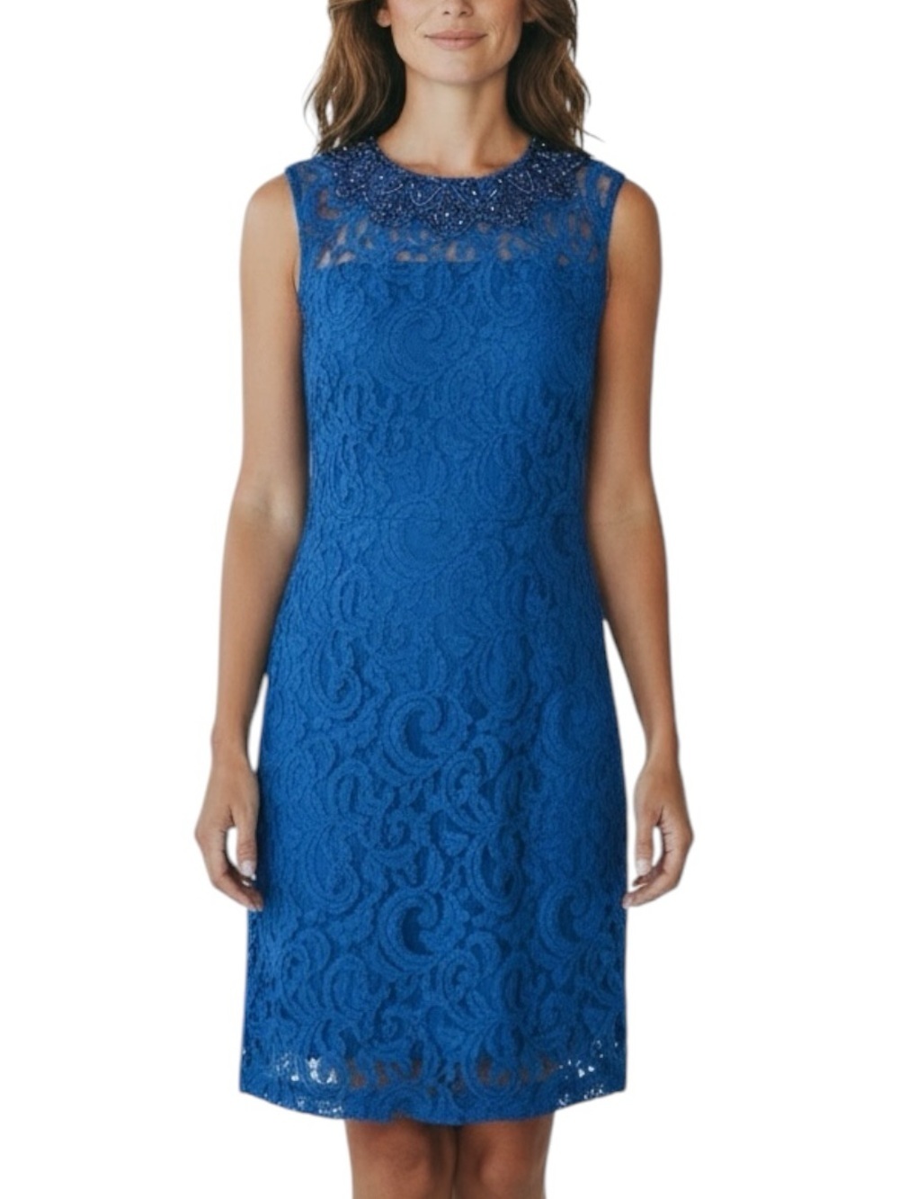 NWT ADRIANNA PAPELL Blue Lace Beaded Detail Sheath Dress Size 8